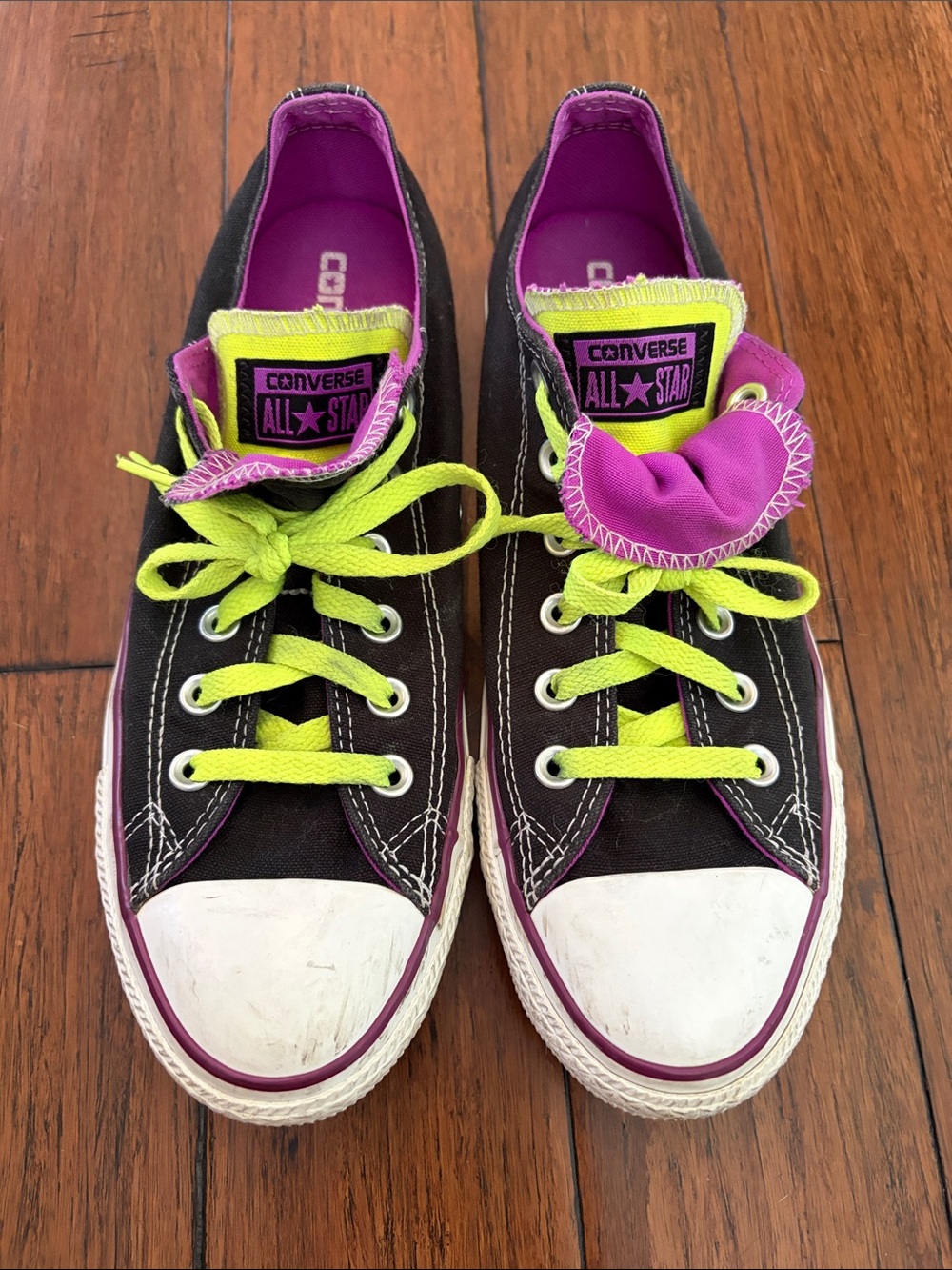Converse Women’s Low Top Sneakers in Black with Neon Yellow & Purple
